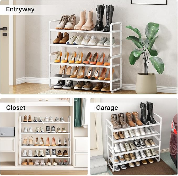 SNTD Shoe Rack - Expandable Shoe Organizer for Closet, Adjustable Metal Shoe Shelf Storage, Stackable Long Shoe Stand Holder for Garage, Entryway, Door Entrance (White, 4-Tier)