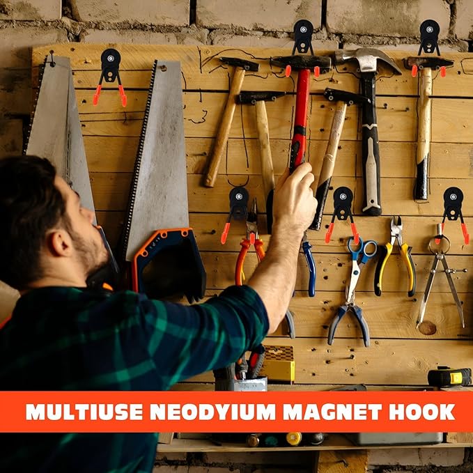 Landhoow 14 Pcs Large Magnetic Hooks Heavy Duty Garage Magnet Hooks Strong Storage Utility Magnetic Hangers with Anti Slip Rubber Coating for Indoor and Outdoor Hanging (Orange)