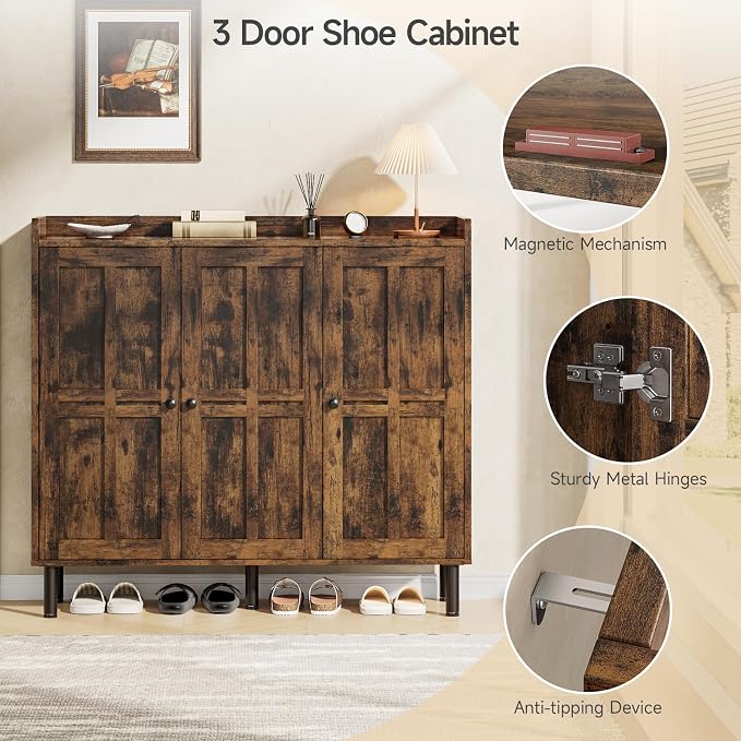 ONBRILL Shoe Cabinet with 3 Doors and Adjustable Shelves, 30 Pairs Shoe Storage Cabinet, 40 Inch Tall Farmhouse Shoe Rack Shoe Organizer Cabinet for Entryway Living Room Closet, Rustic Brown