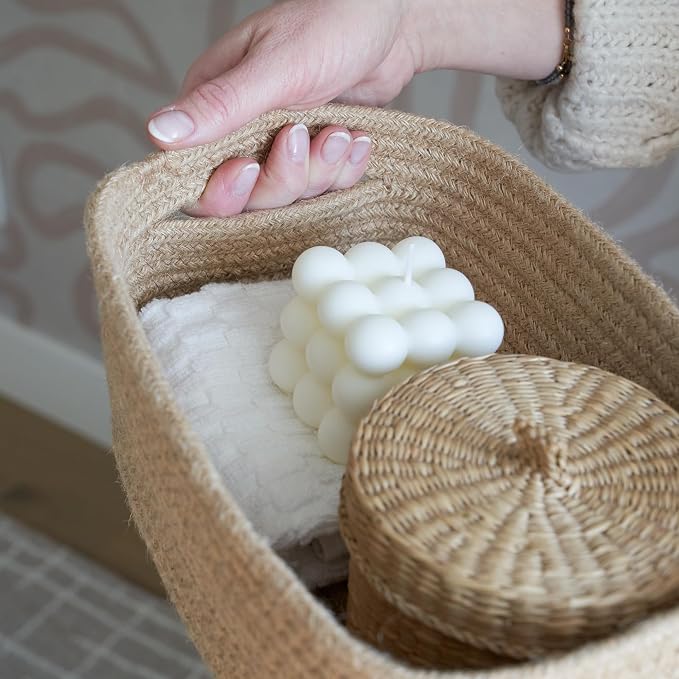 Beautiful Storage Basket Set of 3 - Sturdy Jute Rope Baskets for Shelves Are Perfect for Organizing Your Home - Quality Storage Bins Easily Fit With Any Nursery or Bedroom Decor