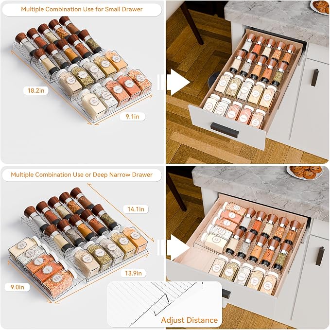 4 Pack Adjustable Narrow In Drawer Spice Organizer - Expandable From 9'' to 17.7'' - Acrylic Drawer Seasoning Organizer,Clear Spice Drawer Insert Tray for Drawers Condiment,Jar Organization