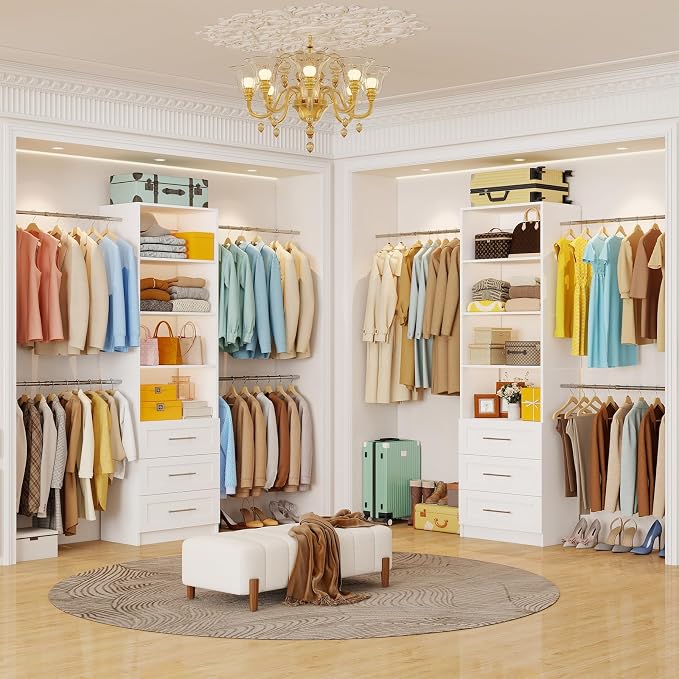 Fastgo Closet System with Drawers, 5-9FT Closet Organizer System with 4 Expandable Rods & Adjustable Shelves for Walk in Closet, 96” Built in Closet System Tower, Small Closet Storage System, White