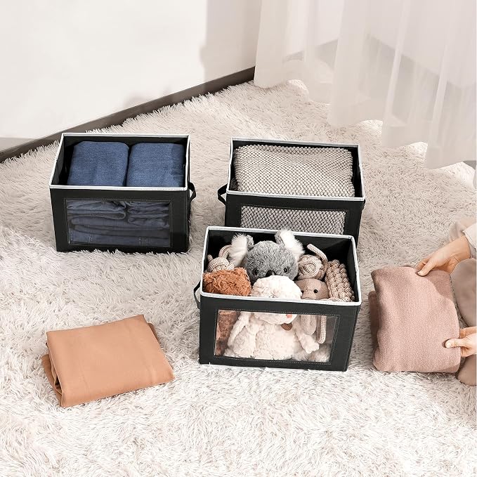 Homsorout Cube Storage Bins with Lids, Clear Window Storage Baskets for Organizing, Fabric Organizer Bins with Handle, Cloth Storage Bins for Shelves, Closet, Clothes, Towels, 4 Packs, Black
