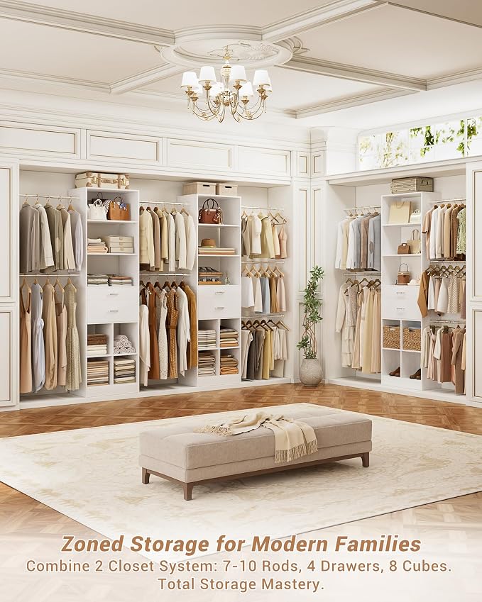 Besiost Small Closet System, 3.2-6.8FT Small Closet Organizer with 2 Wooden Drawers & 5 Hanging Rods, Can Fit 37.5 to 81.9 inch Walk-in Closet System, Built-in, White, Enclosed Storage Volume 2.32 ft³