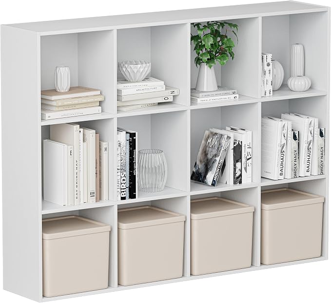 VDNEND Wooden Cube Storage Organizer with Closed Back Panel, 11in Cube Shelf Opening, Bookshelf, Display Shelf,Closet Cabinet for Home and Office (Embossed White, 12-Cube 35.98L*9.45W*47.72H)