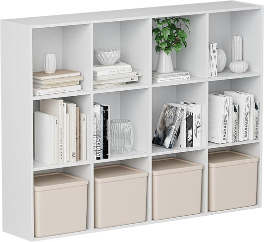 VDNEND Wooden Cube Storage Organizer with Closed Back Panel, 11in Cube Shelf Opening, Bookshelf, Display Shelf,Closet Cabinet for Home and Office (Embossed White, 12-Cube 35.98L*9.45W*47.72H)
