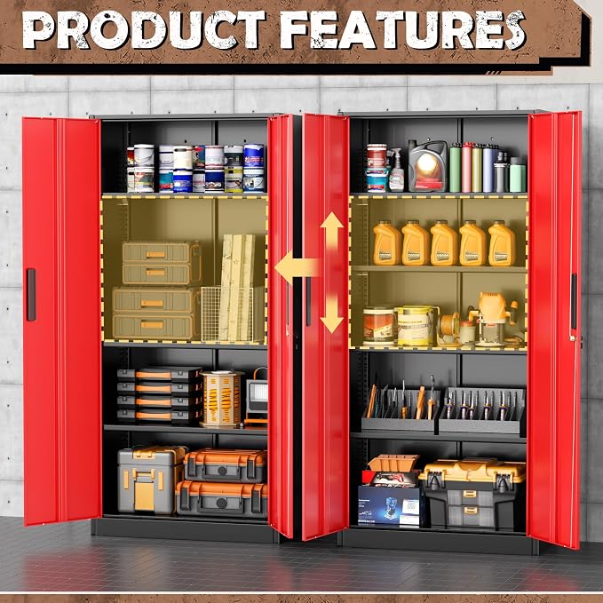 INTERGREAT Metal Storage Cabinet, 72” H Storage Cabinet with Doors and Adjustable Shelves for Office, Home, Garage, Pantry (Assembly Required, Black Red)