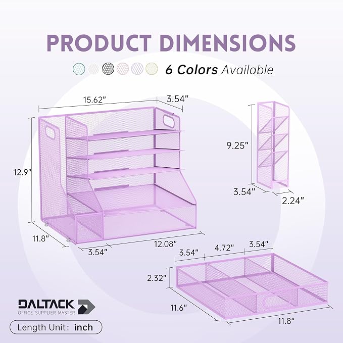 5-Tier Desk Organizer with File Holder & Pen Holder & Drawer, Purple | Mesh Metal Paper Letter Tray for Papers, Mail, Office Supplies, and Desk Accessories