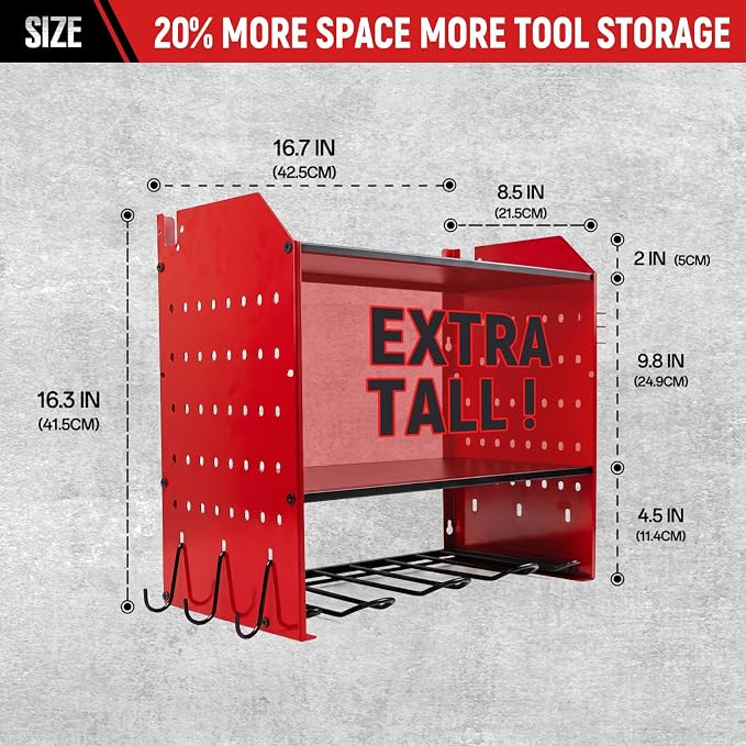 Power Tool Organizer Wall Mount,Power Drill Tool Holder | 200lb Heavy Duty Tool Shelf,4 Tier Cordless Tool Organizerwith 4 Drill Holders & 3 Divider Panels,Red