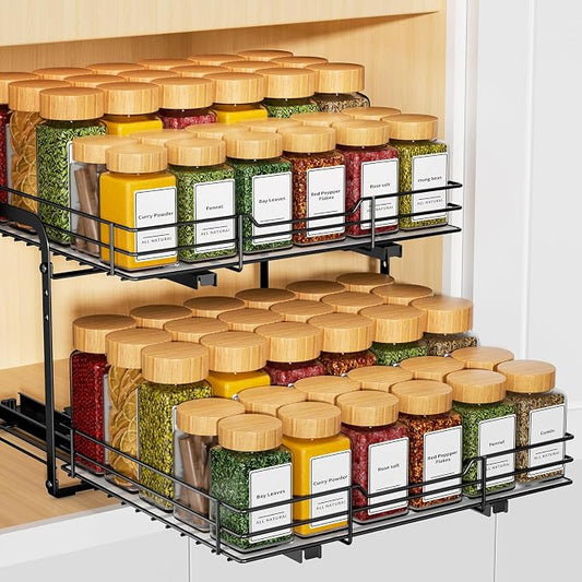RCHYFEED 2 Tier Height Adjustable Pull Out Spice Rack,13.5" Wx10.5 Dx9.5 H | Heavy Duty Spice Organization for Cabinet Metal Slide Out Spice Rack for Cabinet & Pantry, for Seasoning,Sauces,Canned Goods