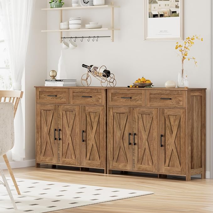 Homhedy Coffee Bar Storage Cabinet with Drawers, Kitchen Buffet Cabinet | Sideboard Cabinet with Doors, Farmhouse Buffet Cabinet, Adjustable Shelves, for Kitchen / Dining / Living Room, Rustic Walnut