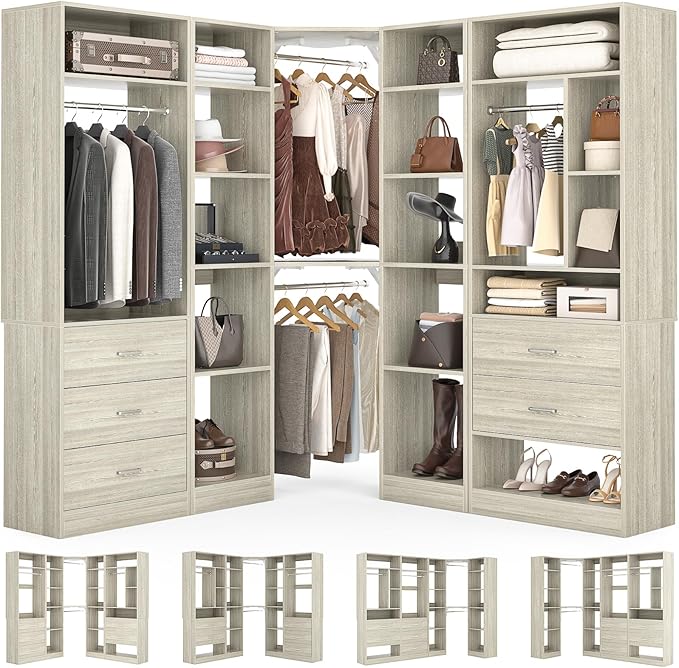 Besiost Corner Closet System with 5 Drawers, Closet Organizer System with 15+Shelvess & 4 Hanging Rods, 63.2"L * 63.2"W / 87.2"L * 39.2"W Reversible L Shaped Walk-in Closets, Load 2500+LBS, White Oak