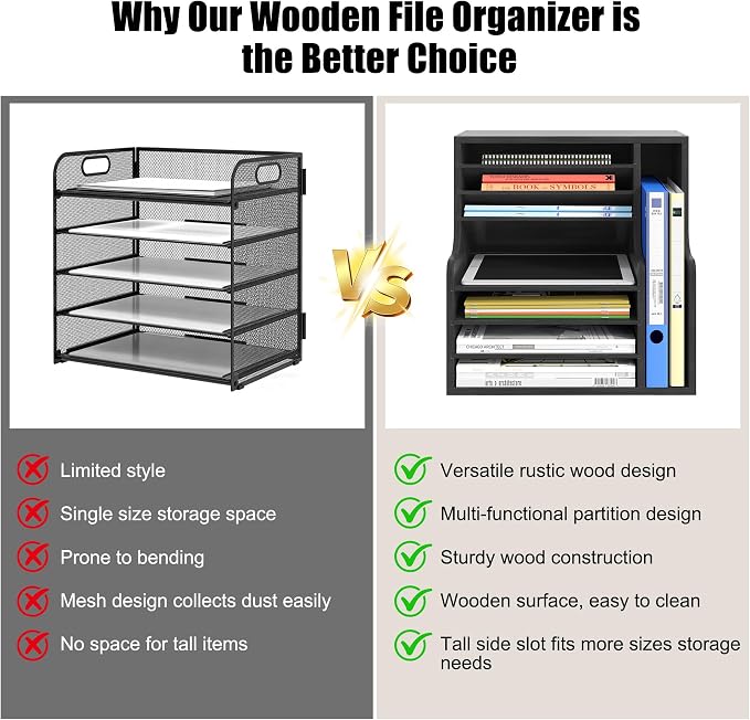 Wood Desktop File Holder Organizer Mail Sorter for File Folders, Mails, Envelopes or Magazines, 8 Compartments (Black)