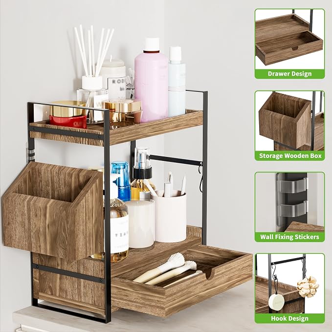2-Tier Bathroom Counter Organizer, Wooden Vanity Shelf with Drawer & Basket | Pre-Drilled Holes, Skincare & Makeup Countertop Organizer and storage, Dark Brown