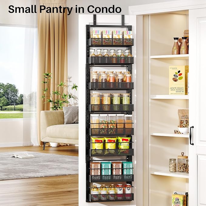 8 Tiers Over the Door Organizer - Height Adjustable Pantry Organizers and Storage with Dense Mesh Baskets, Anti-Swing Hanging Door Spice Rack for Kitchen Bathroom (Black, 12.3"W x 4.7"D x 69"H)