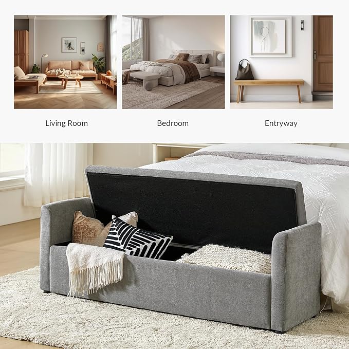 HULALA HOME 59" Storage Bench with 2 Throw Pillows & Armrests, Grey | Modern Long Bedroom Bench for End of Bed, Comfy Upholstered Fabric Footstool for Entryway Living Room