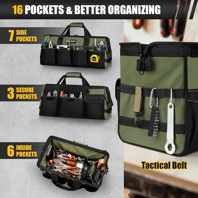 UUP Tool Bag Extra Large 20", Heavy Duty Spacious Tool Box Organizer, Green | 16 Pockets & MOLLE. Detachable Strap & Handle. Non-slip Base, Metal Buckle. 30lb Holds Drill/Tool on Truck, Garage, Men Gift.