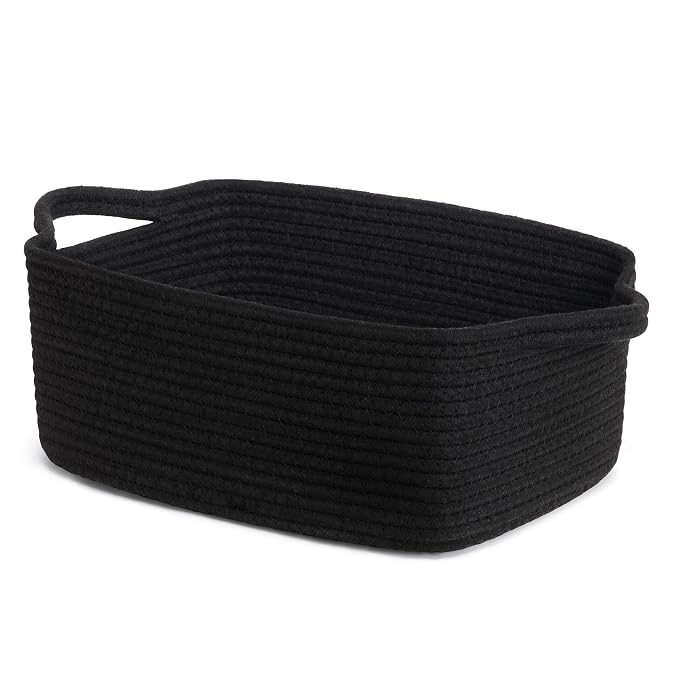 CHICVITA Small Cotton Rope Gift Basket for Shelves, Black | 13" x 10" x 5", Decorative Storage Basket for Bathroom & Nursery Organization, Baby Toys, Towels & Books Storage