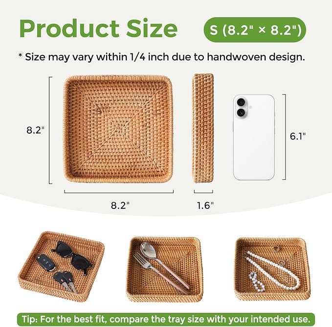 Rattan Serving Tray, Square Wicker Storage Basket for Organizing | Natural Rattan, Decorative Serving Woven Trays Wicker Baskets for Storage, Home Decor, Bathroom, Kitchen Counter