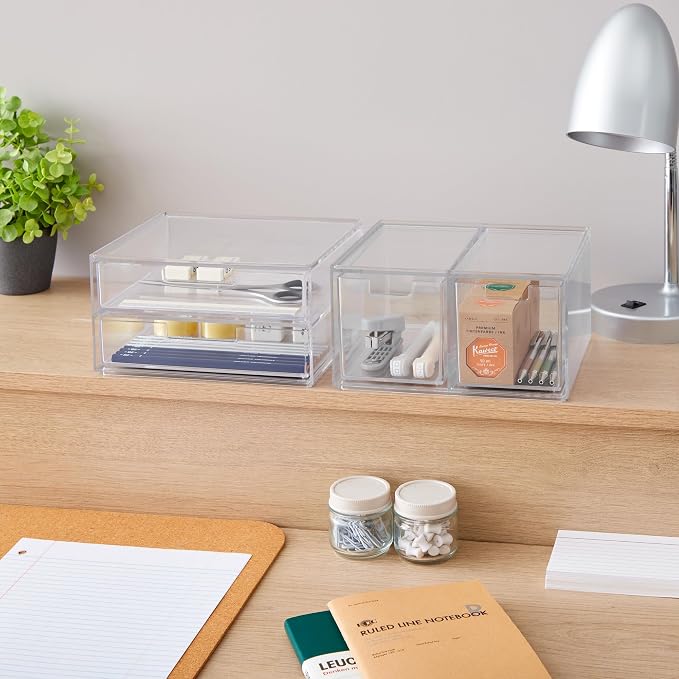 STORi Stackable Desk Organizer Drawers, Clear Pen Pencil Makeup Brush Holder for Desktops and Vanities, 4 Multi-size Drawers (Made in USA)