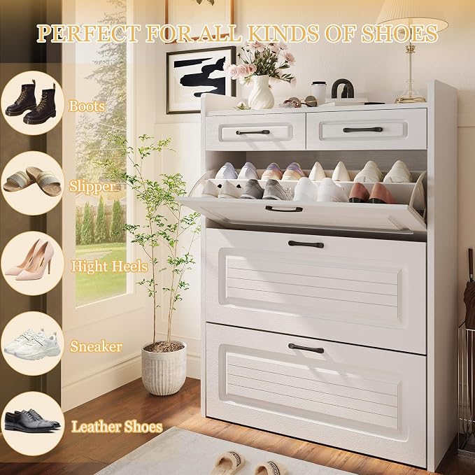 ODUWA Shoe Cabinet with 3 Flip Drawers and 2 Storage Drawers, Shoes Organizer Cabinets with Adjustable Divider, Hidden Shoe Storage Cabinet for Entryway, Hallway, Living Room, White