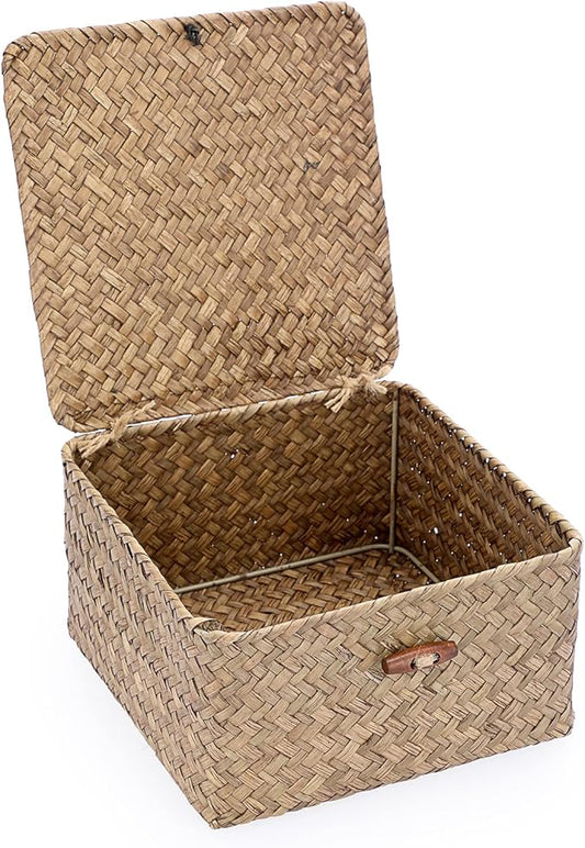 Hipiwe Small Wicker Shelf Baskets Handwoven Seagrass Storage Bin with Lid | Multipurpose Household Basket Boxes Square Basket Container for Shelves and Home Organizer, Coffee
