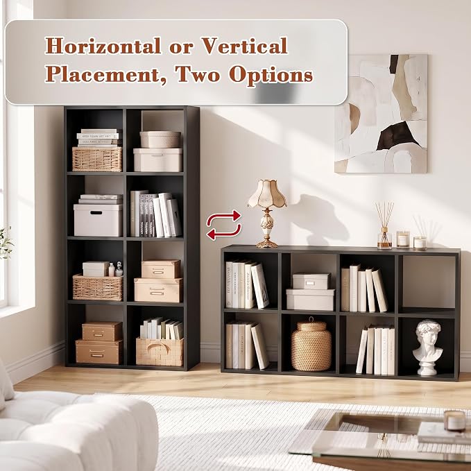 8 Cube Storage Organizer, Black Cube Bookshelf, Multifunctional Bookcase | Cube Storage Organizer Shelf with Open Back and Removable Back Panels, Horizontal Bookcase for Entrance Hall Home Office