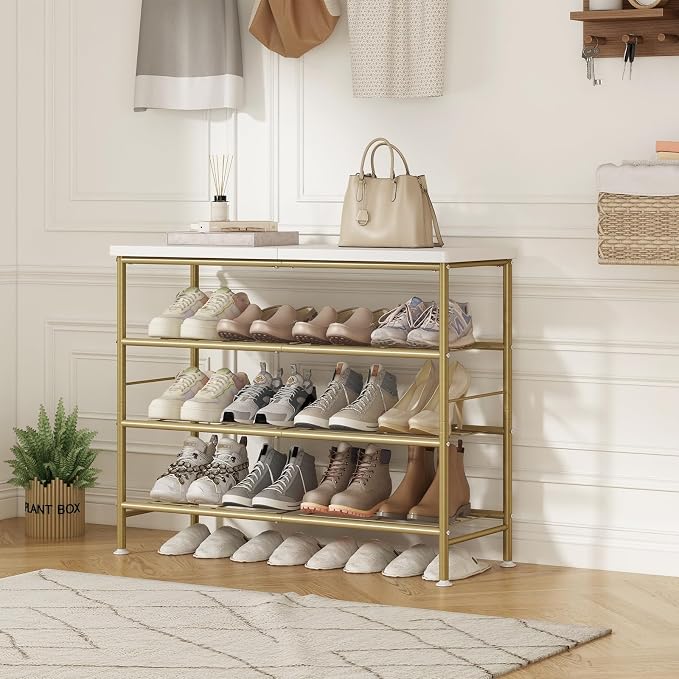 SUOERNUO 4 Tier Shoe Rack Organizer for Closet Shoe Storage for Entryway | Free Standing with MDF Top Board,Sturdy Metal Frame,Ideal for Living Room,Hallway Gold