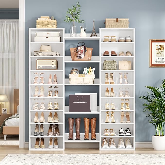 Unikito 14-Tier Wood Shoe Cabinet Storage Organizer with Cubbies, White | Freestanding Shoe Rack Shelf Featuring 22 Open Slots for Entryway, Front Door Entrance, Hallway, Living Room, Bedroom
