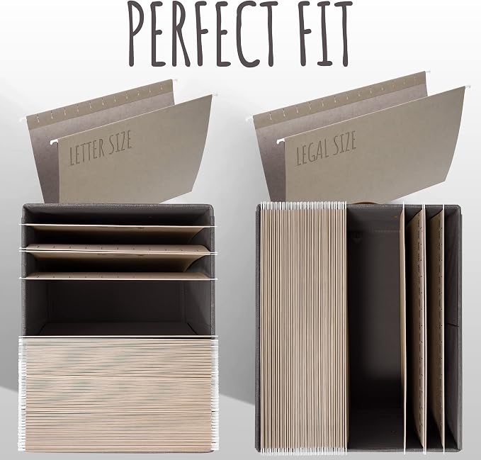 Decorative File Organizer Box Set of 2 - Collapsible Linen Filing Cabinets | Stores Documents and Hanging File Folders - Portable Office Crates with Lid and Handles for Easy Slide Access