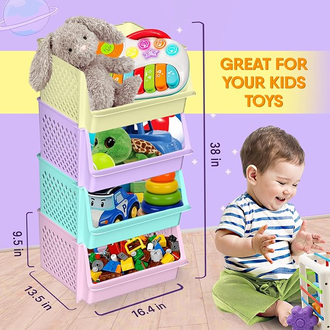 Large Stackable Storage Bins Open Front for Pantry Storage, 4 Pack - Multi | Sturdy Plastic, Easy Stacking, Open Front Access, Ventilated Sides, Vertical & Space Saving Pantry Organizers and Storage Bin