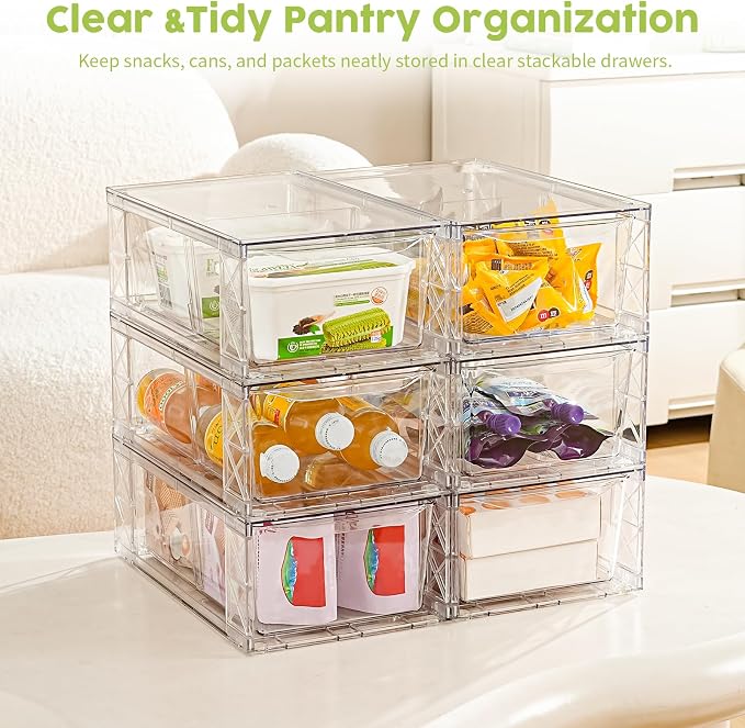 6 Pack Acrylic Storage Drawers, Clear Stackable Storage Drawers, Acrylic Organizers Drawers for Under Sink, Pantry, Bathroom, Makeup Organizers Cosmetic Display,Classroom Storage Organization, Medium