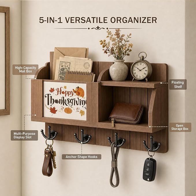 Rebee Vision Key Holder Wall Mount with Chalkboard for Home Decor, Brown | Key Holder for Wall, 4 Key Hooks, Floating Shelf, Mail Organizer, Key Hanger, Mail Organizer, Practical Everyday Organization