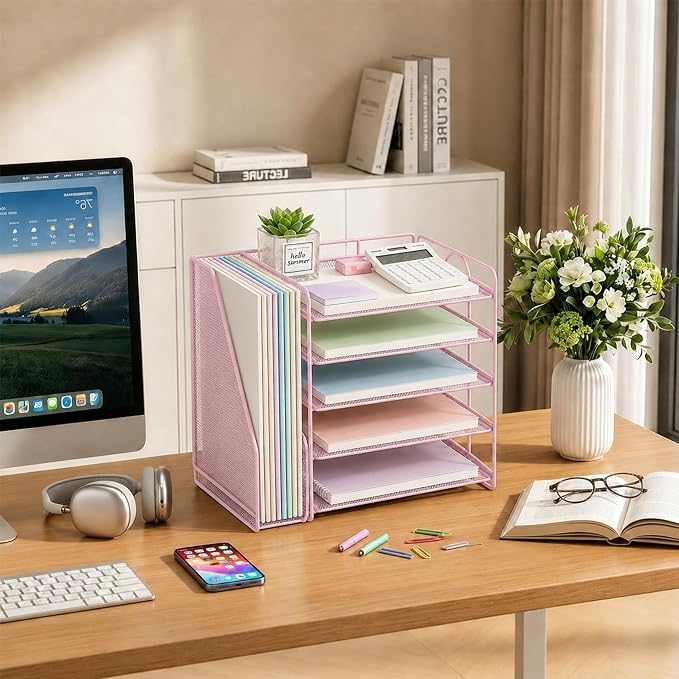 OPNICE Desk Organizer, 5-Tier Paper Organizer Letter Tray with Magazine Holder, Office Desk Accessories & Workspace Organizers, Desktop File Organizer for Office Supplies Storage, Pink