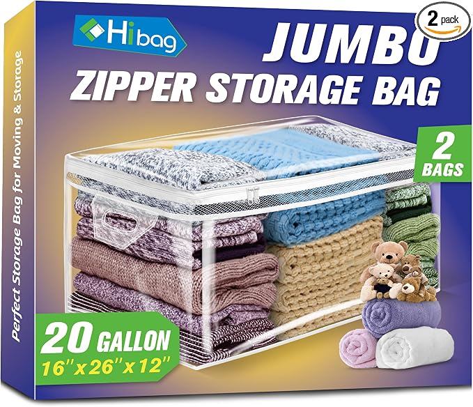 Large Storage Bag for Clothes, Jumbo Zipper Totes | 20 Gallon xxl, Flexible, Clear Extra Thick Plastic, Reinforced Handles, Double Zip