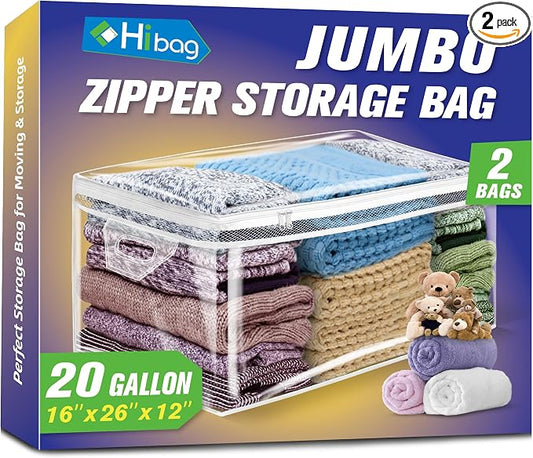 Large Storage Bag for Clothes, Jumbo Zipper Totes | 20 Gallon xxl, Flexible, Clear Extra Thick Plastic, Reinforced Handles, Double Zip