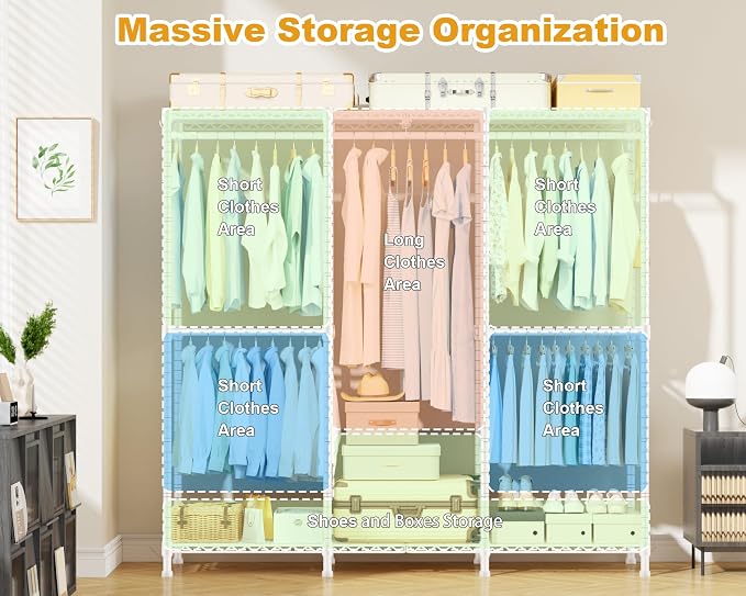 E14C Heavy Duty Closet Organizer System，Freestanding Clothing Racks for Hanging Clothes，Adjustable Garment Rack 58" W × 16" D × 77" H Hold 860 lbs，White Rack with White Cover