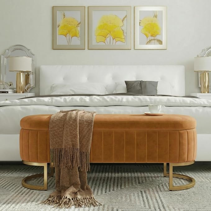 51" Velvet Storage Ottoman Bench End of Bed for Bedroom Entryway Light Brown