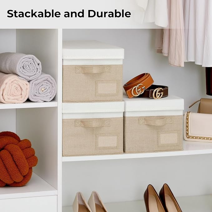 GRANNY SAYS Storage Basket with Lid, Linen Fabric Storage Bins with Label, Decorative Storage Boxes, Clothes Storage and Organization, Memory Keepsake Box, 3-Pack, Medium, Khaki&Ivory