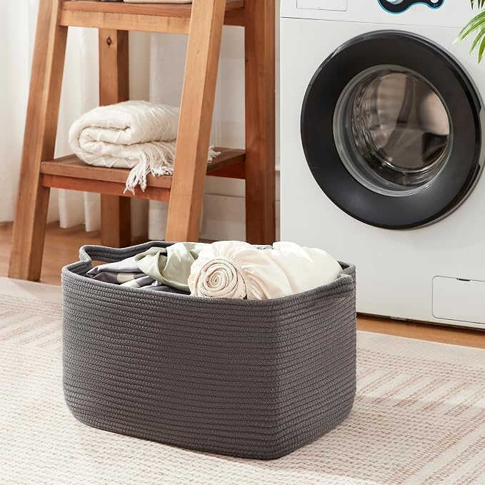 OIASKET Large Toy Basket, Rectangle Woven Rope Storage Basket for Blankets, Dirty Clothes, Shoes, Nursery Organizer Bins (Dark Grey)