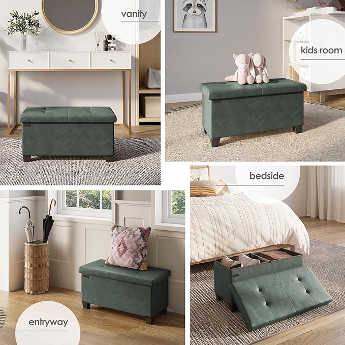 Storage Ottoman Bench with Bins, 30-in Storage Bench for Bedroom End of Bed, Folding Foot Rest Ottoman for Living Room Max 660lbs, Leather Ottomans, Green
