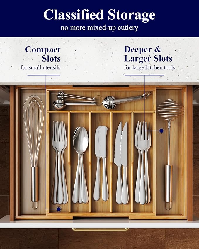 Kitsure Silverware Organizer, Bamboo Kitchen Drawer Tray, Natural, Large | Expandable Drawer Kitchen Organizer, Cooking Utensils & Cutlery, Sturdy & Thickened Design, Storage Solution