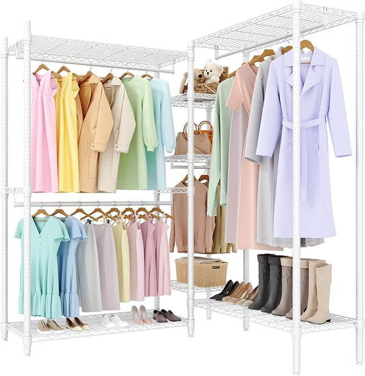 Heavy Duty Clothes Rack with Shelves, 71" H Freestanding Closet Organizer System, Large Capacity 3-Unit Metal Garment Rack L-shaped Combo for Hanging Clothes, Bedroom & Laundry Room, 85.4"L x 17.4"W