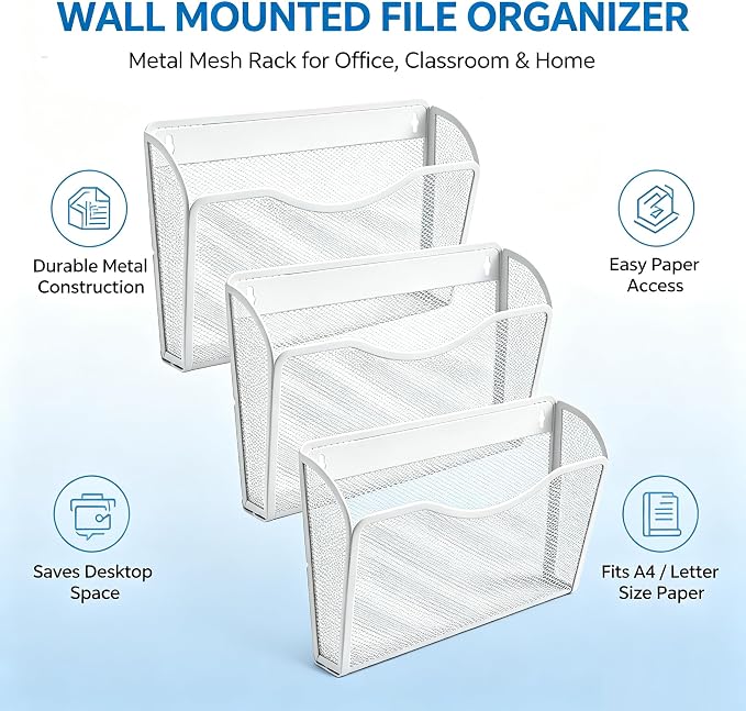 Gawerk Mesh Hanging Wall File Holders, Metal Vertical Wall Basket Mail Organizer for Office/Home (White, 6 Pack Wall Mounted)
