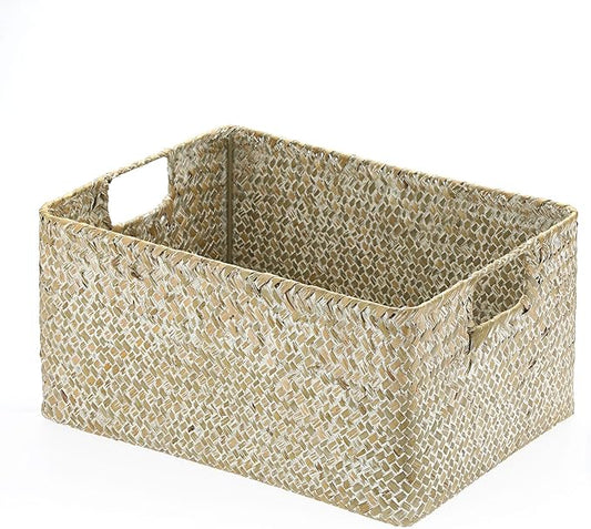Hipiwe Seagrass Storage Basket Bin Rectangular Handwoven Wicker Storage Box with Handle Opened Baskets for Shelf Organizing Closet Bathroom, 13.3 x 9.8 x 6.7 Inch