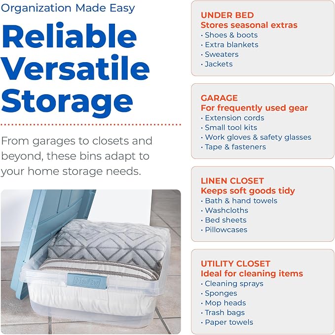 Hefty 40 Quart Hi-Rise Storage Bin with Lid, Stackable Plastic Container Tote for Home, Office, and Classroom Organization, 6 Pack, Smoke Blue