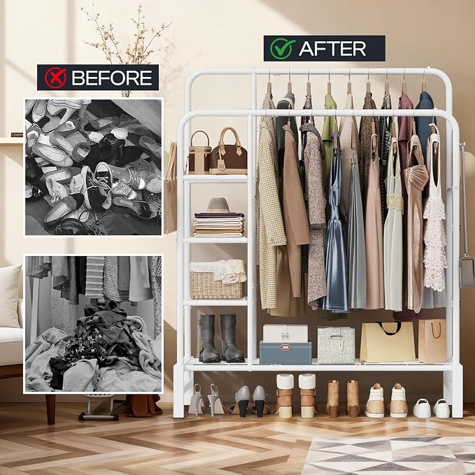 Clothes Rack for Hanging Clothes, Clothing Rack with shelves, White | Double Clothing Rack with 3 Tier Storage Shelves, Multifunctional Heavy Duty Garment Rack for Bedroom Laundry Wardrobe Closet