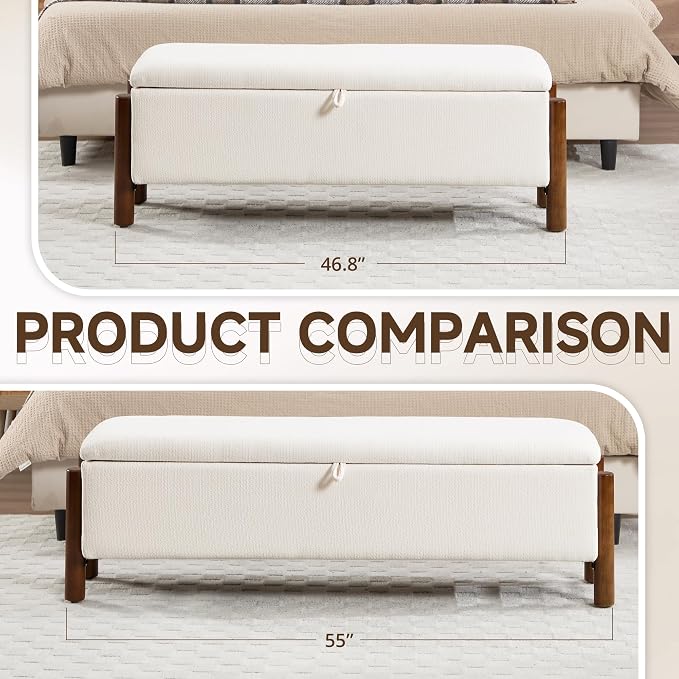 55'' Modern Storage Ottoman Benches | Walnut Wood Legs 26 Gallons Storage Space Fabric Upholstered Seating End of Bed for Bedroom Livingroom White