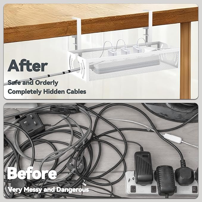 Cable Management, 15'' Under Desk Cable Management Tray No Drill | Metal Cable Organizer with Clamp for Wire Management, Cord Organizer for Home Office, Desk Accessories Organizer, White