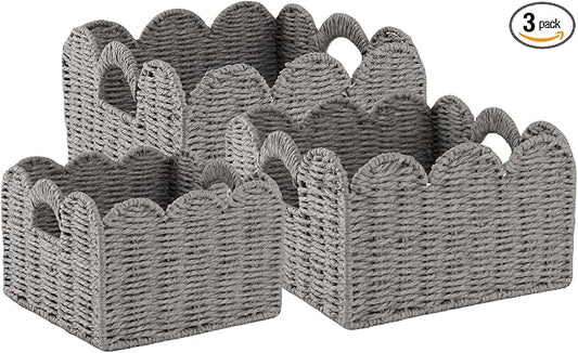 OIAHOMY Scalloped Wicker Baskets, Hand-woven Storage Baskets with Built-in Handles, Paper Rope Shelf Baskets for Organizing and Decoration, Set of 3-Grey